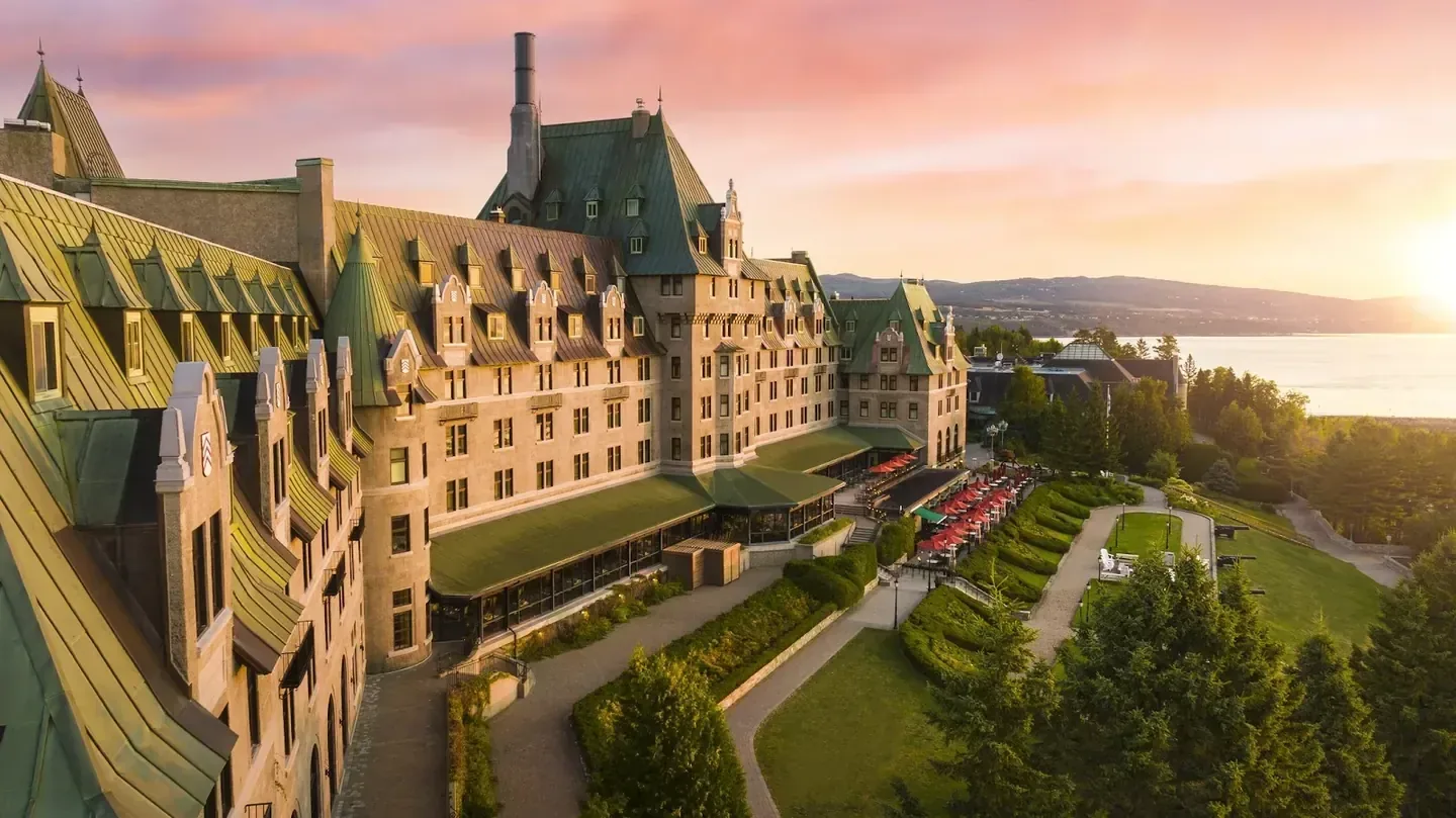 Grand resort façade overlooking open water